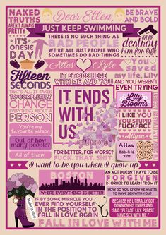 a poster with words and pictures on the front, in pinks and purples