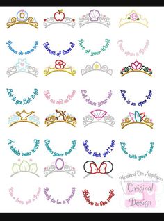 the numbers and designs for princess crowns are shown in different colors, sizes and shapes