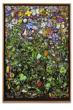 an abstract painting with flowers and plants in it