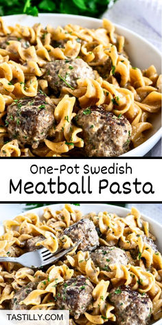 one pot swedish meatball pasta in a white bowl