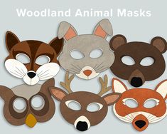 four masks with different types of animals on them and the words woodland animal masks written below