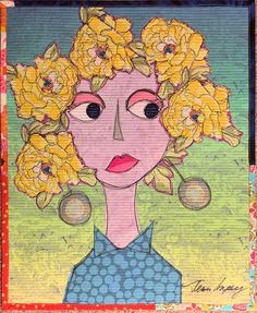 a painting of a woman with yellow flowers in her hair and blue dress on a green background