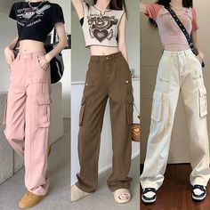 Cargo Straight Pants Outfit, High Waist Cargo Pants Outfit, Korean Cargo Pants Outfit, Wide Leg Cargo Pants Outfit, Korean Cargo Pants, Celana Kargo, Womens Denim Overalls, Pink Cargo Pants, Celana Fashion