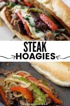 steak hoagies with peppers, onions and cheese on a plate next to a sandwich