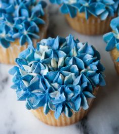 cupcakes with blue frosting and sprinkles sitting on a marble surface