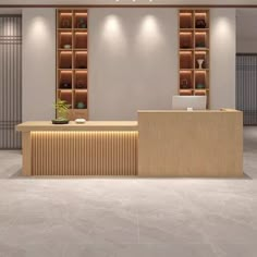 the front desk of a store with shelves on either side and a potted plant at the end