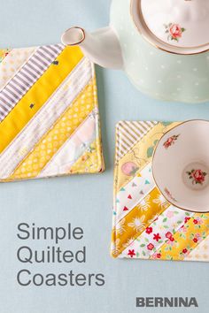 a tea pot and plate on a table with the words, simple quilted coasters