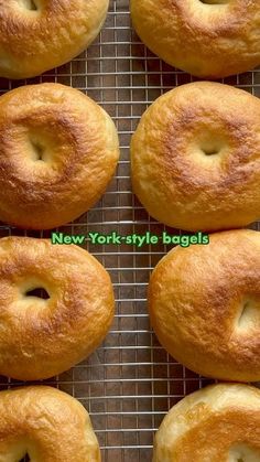 six freshly baked bagels sitting on a cooling rack