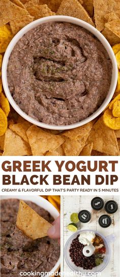 the recipe for greek yogurt black bean dip is shown in this collage