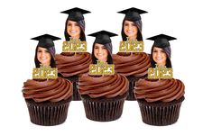 six graduation cupcakes with chocolate frosting on them