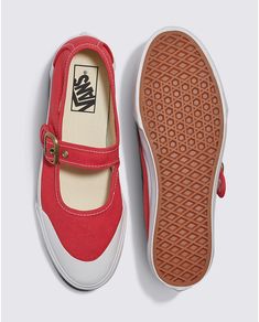 Vans Mary Jane Shoe Canvas Tomato VN000CRRH2DA Classic Mary Jane Silhouette gets the Vans TreatmentTapping into retro nostalgia and a playful interpretation of femininity, the Vans Mary Jane takes this timeless silhouette and cranks it up a notch. Pairing a simple buckle and strap with a rubber toe cap and our signature rubber waffle outsole, the Mary Jane delivers the perfect blend of casual and classy, ideal for . . . well, just about anything. Mary Jane-style silhouette Sturdy canvas uppers B Vans Mary Janes Outfit, Vans Mary Janes, English Outfit, Postpartum Fashion, Vans Outfit, Pretty Shoes Sneakers, Funky Shoes