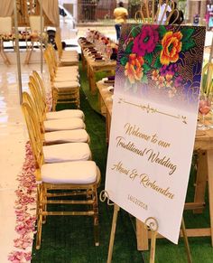 a welcome to our wedding sign sitting on top of a table