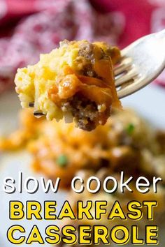 slow cooker breakfast casserole on a fork with text overlay that reads slow cooker breakfast casserole