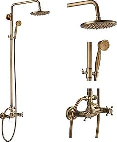 three different types of shower faucets with handset and hand showerheads