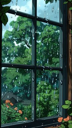 an open window with rain falling on it