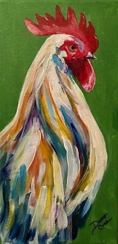 a painting of a rooster on a green background