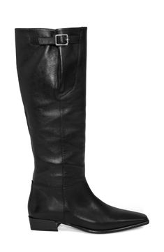 A polished buckle strap accentuates the sleek silhouette of a block-heel leather boot complete with a squared-off toe. 1 1/4" heel 18" shaft Leather upper and lining/synthetic sole Imported Workwear Boots With Buckle Closure And Square Toe, Wide Calf Boots With Buckle Closure For Work, Square Toe Calf Leather Boots With Buckle Closure, Calf Leather Boots With Buckle Closure And Square Toe, Wide Calf Heeled Boots With Buckle For Work, Wide Calf Heeled Boots With Buckle Closure For Work, Modern Workwear Boots With Buckle Closure, Calf Leather Moto Boots With Square Toe, Vagabond Shoemakers