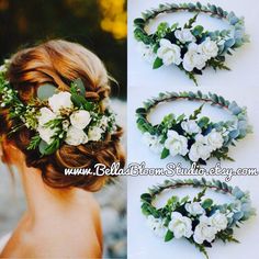 three different types of flowers and leaves in the hair combs, one is pink and white