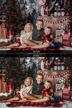 the family is posing in front of christmas trees and presents for their photoshopping session