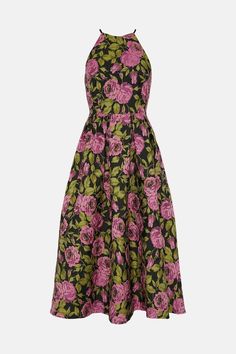 Twirl around to show off the tantalising lace trim adorning the back of this elegant jacquard midi dress. Cut with a halter neckline and demure fit-and-flare shape, it ticks all the right boxes for the dress of your dreams. Anchor the sumptuous fabric and colourful floral print with colour-pop heels in hot-pink or lime-green.Style: Full Skirted DressDesign: FloralFabric: Jacquard Colour Pop, Green Style, Jacquard Dress, Dress With Lace, Lace Back, Halter Neckline, Ticks, Full Skirt, Dress Collection