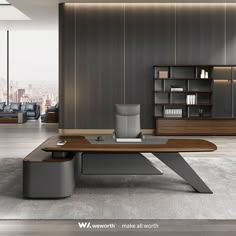 the modern office is clean and ready to be used for work or play, as well as bookshelves