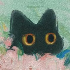 a painting of a black cat with yellow eyes and pink flowers in the foreground