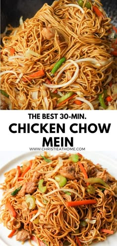 the best chicken chow mein is served on a white plate