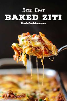 a slice of baked ziti being lifted from a casserole dish with text overlay