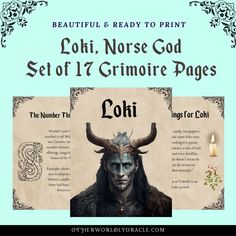 an image of the book cover for loki, norse god set of 11 grimoire pages