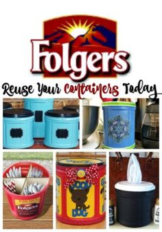 the collage shows several different types of containers with logos on them and words that read, folgers reuse your containers today