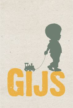 the silhouette of a child pulling a toy train on a string with the word gus written across it