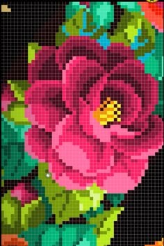 a cross stitch pattern with pink flowers on black background, and green leaves in the foreground