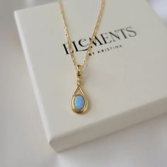 Blue opal pendant necklace. Wear it on it's own or layer it.Pendant details:* Finish: non tarnish gold filled, opal stone* Measurements: 0.4' inch W 1' inch HChain: non tarnish gold filled Comes in our gift ready packaging: soft velvet pouch for safe jewelry storing and branded box Tarnish Resistant Opal Jewelry In Yellow Gold, Yellow Gold Opal Jewelry Tarnish Resistant, Tarnish-resistant Yellow Gold Opal Jewelry, Tarnish Resistant Gold Opal Jewelry, Tarnish Resistant Opal Jewelry For Gifts, Tarnish Resistant Opal Jewelry Gift, Tarnish-resistant Opal Jewelry Gift, Gold Teardrop Opal Necklace, Yellow Gold Opal Teardrop Pendant Necklace