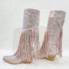 Brand New Baby Pink Yours Forever Multi Size Iridescent (Multi Color Sparkle) Rhinestones Gorgeous! Western Cut Heels ( Approx. 2.75") Knee High Shaft With Full Inner Zipper For Easy On/Off Elastic Gusset At Top For Added Room And Comfort. Embellished Snip Toe Party Boots, Embellished Snip Toe Boots For Party, Embellished Pink Boots For Fall, Western Style Party Boots With Bling, Embellished Pink Boots For Spring, Pink Embellished Boots For Spring, Spring Embellished Pink Boots, Spring Pink Embellished Boots, Party Boots With Rhinestone Fringe And Round Toe