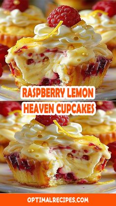 raspberry lemon heaven cupcakes on a plate with the title overlay