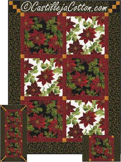 the christmas quilt is made with red and green poinsettis