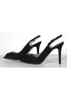 Stylish slingback pumps in a black suede with a flirty open toe. Can be worn day or night with a fitted dress and clutch. Size US 7.5 - EU 37.5 Suede upper Leather lining & sole Made in Italy Peep toe Slingback strap w/ gold-tone buckle No wear on sole Light scuffing on sides of suede Heel height 3.75'" Evening Suede Sandals With Sculpted Heel, Evening Suede Sandals With Padded Heel, Formal Suede Sandals With Sculpted Heel, Elegant Open Heel Suede Heels, Black Slingback Sandals With Deep Heel Cup For Evening, Suede Open Toe Evening Heels, Suede Open Heel Evening Shoes, Evening Slingback Sandals With Deep Heel Cup, Chic Slingback Pumps For Cocktail With 4-inch Heel