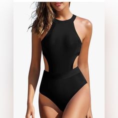 Holipick Women's One Piece Swimsuit Cutout High Neck Bathing Suits Tummy Control Swimwear Summer Black Cutout Bodysuit, Black Stretch Backless One Piece, Black Stretch Backless One-piece, Black Cutout One-piece For Summer, Black Cutout One-piece Swimsuit, Black Sleeveless One-piece With Lined Body, Black Cutout One-piece Swimsuit For Beach, One Piece For Women, Womens Swim