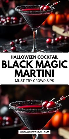 halloween cocktail black magic martini with cranberries and oranges in the background text reads halloween cocktail black magic martini must try crowd