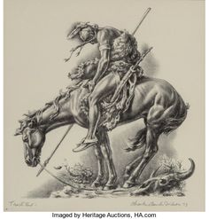 a drawing of a man riding on the back of a horse with a spear in his hand