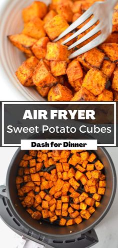 air fryer sweet potato cubes in a skillet with a fork on the side