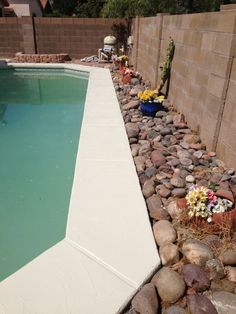 a pool with rocks and plants next to it