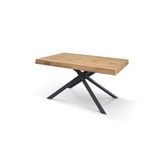 a wooden table with black metal legs and a wood top on an isolated white background