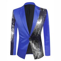 The shiny sequin design of the color block blazers can make your outfit more eye-catching. You can pair the sequin sports coat with shiny pants and button shirts for parties, stage performance or dancing events. The color block sports coats are suitable for parties, dancing, stage performance, costume, wedding parties, festival celebrations, etc. Winter Party Blue Blazer, Blue Sequined Outerwear For Party, Party Blue Sequined Outerwear, Blazer Men Casual, Patchwork Suit, Casual Blazer Men, Blue Check Suit, Wedding Party Dinner, Black Blazer Men