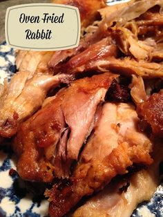 a close up of food on a plate with the words open fried rabbit