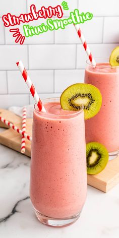 two glasses filled with smoothie and kiwi slices