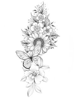 a black and white drawing of flowers with butterflies on it's side, in the middle