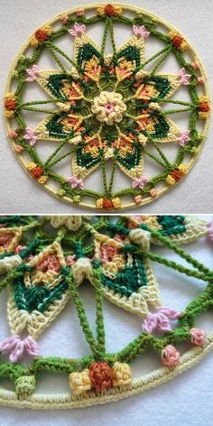 two pictures with different designs on them, one is made from yarn and the other has crochet