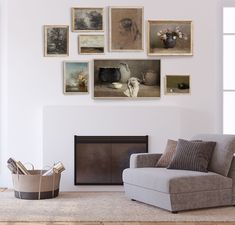 a living room filled with furniture and pictures on the wall above a fire place in front of a fireplace