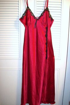 "Red satin with black lace Valentine nightgown. Size large. Bust measures 38\", overall length 55\". Maxi length! Beautiful ! No flaws of any kind. Stored with TLC Comes from a smoke-free home. Label reads Private Luxuries" 1980 Fashion, Vintage Valentine, Long Red, Vintage Valentines, Red Satin, Side Split, Large Bust, Cotton Pants, Monster High